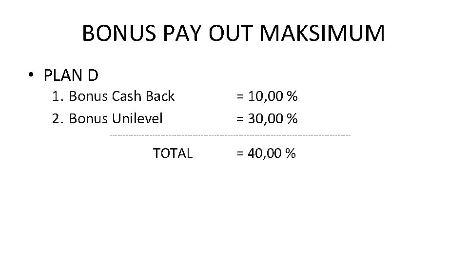 BONUS PAY OUT MAKSIMUM • PLAN D 1. Bonus Cash Back 2. Bonus Unilevel