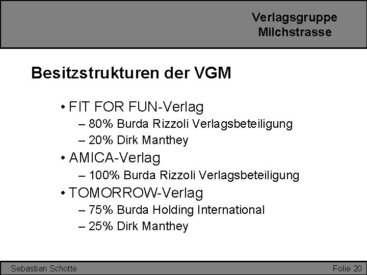 Verlagsgruppe Milchstrasse Besitzstrukturen der VGM • FIT FOR FUN-Verlag – 80% Burda Rizzoli Verlagsbeteiligung