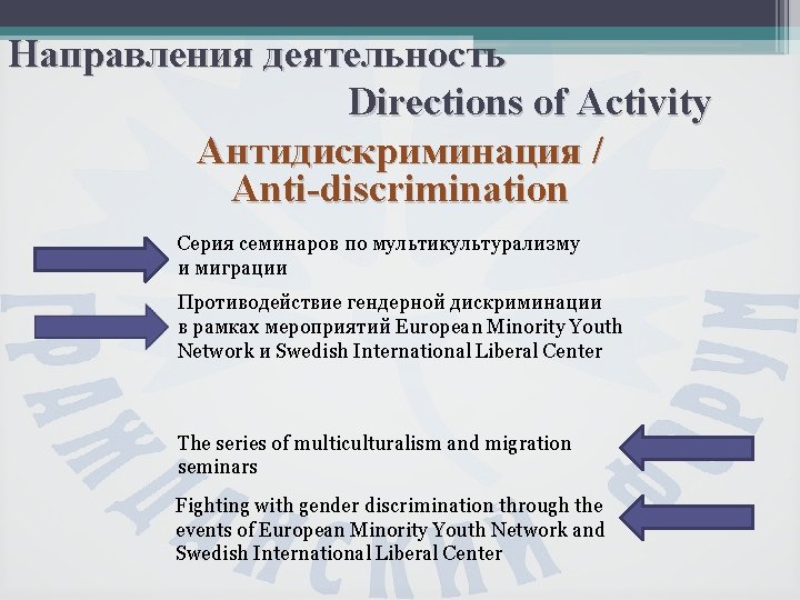 Направления деятельность Directions of Activity Антидискриминация / Anti-discrimination Серия семинаров по мультикультурализму и миграции