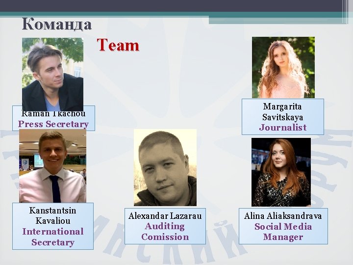 Команда Team Margarita Savitskaya Journalist Raman Tkachou Press Secretary Kanstantsin Kavaliou International Secretary Alexandar