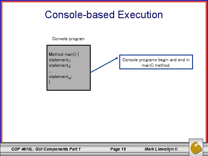 Console-based Execution Console program Method main() { statement 1; statement 2; . . .