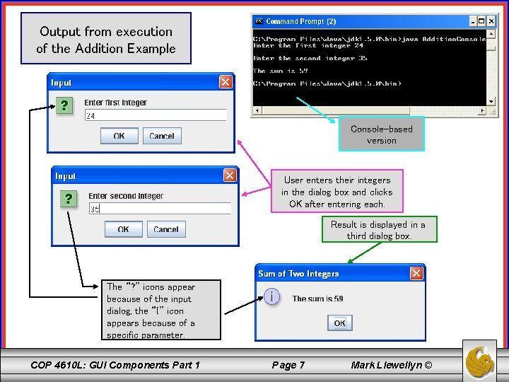 Output from execution of the Addition Example Console-based version User enters their integers in