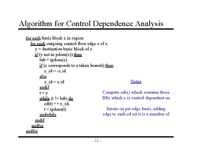 Algorithm for Control Dependence Analysis for each basic block x in region for each