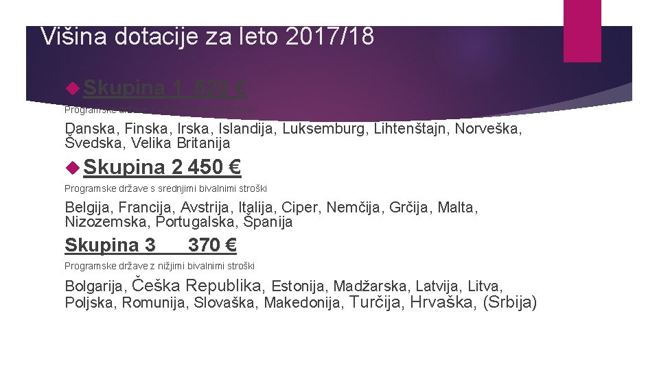 Višina dotacije za leto 2017/18 Skupina 1 520 € Programske države z višjimi bivalnimi