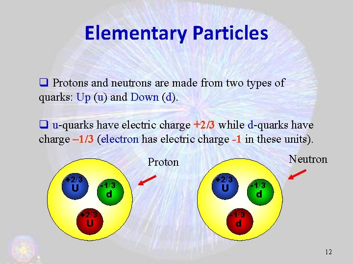 Elementary Particles q Protons and neutrons are made from two types of quarks: Up