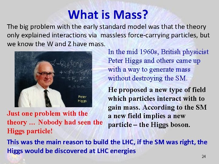 What is Mass? The big problem with the early standard model was that theory