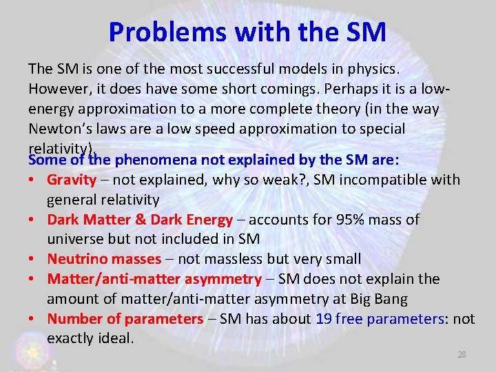 Problems with the SM The SM is one of the most successful models in