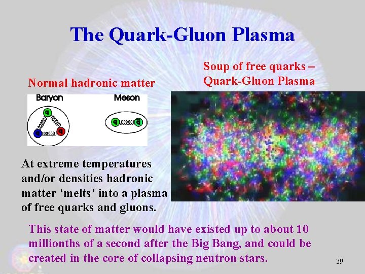 The Quark-Gluon Plasma Normal hadronic matter Soup of free quarks – Quark-Gluon Plasma At