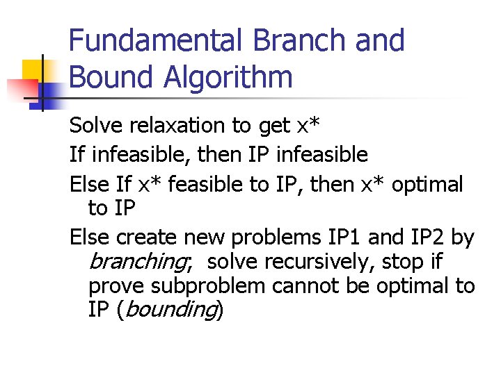 Fundamental Branch and Bound Algorithm Solve relaxation to get x* If infeasible, then IP