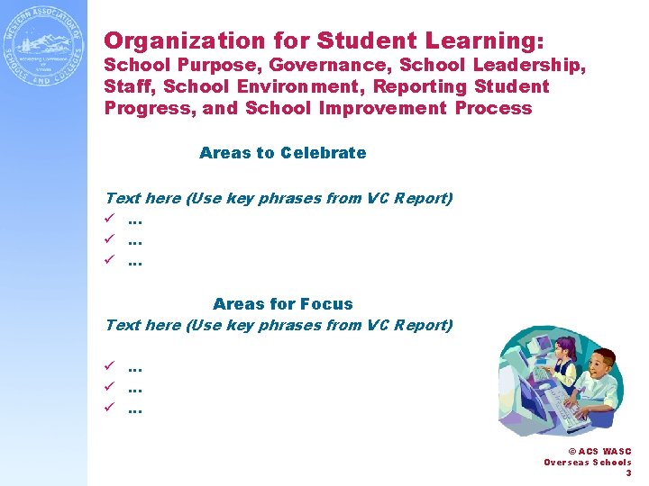 Organization for Student Learning: School Purpose, Governance, School Leadership, Staff, School Environment, Reporting Student
