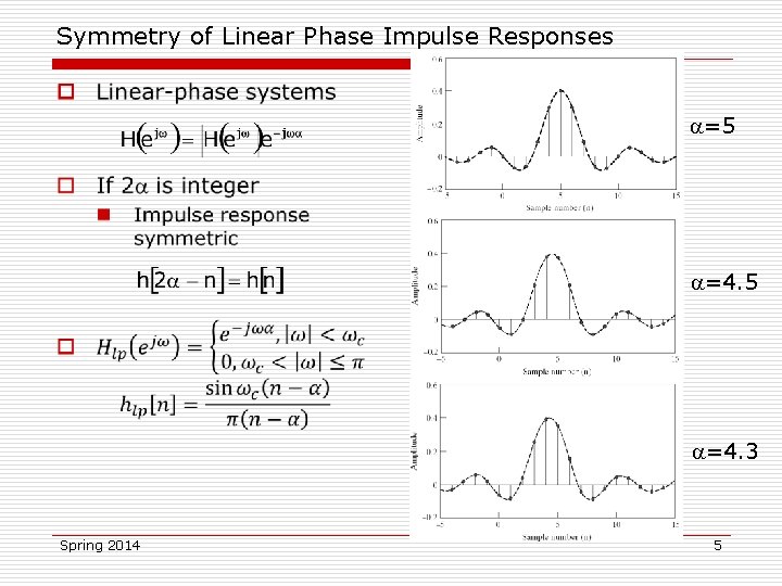 Symmetry of Linear Phase Impulse Responses o =5 =4. 3 Spring 2014 5 