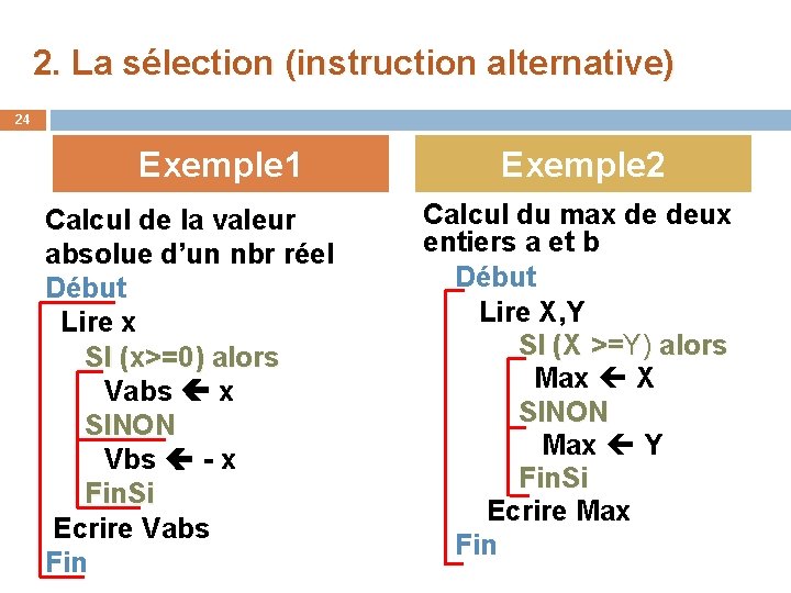 2. La sélection (instruction alternative) 24 Exemple 1 Calcul de la valeur absolue d’un