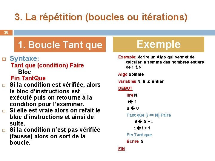 3. La répétition (boucles ou itérations) 30 Exemple 1. Boucle Tant que Syntaxe: Tant