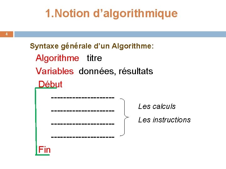 1. Notion d’algorithmique 4 Syntaxe générale d’un Algorithme: Algorithme titre Variables données, résultats Début