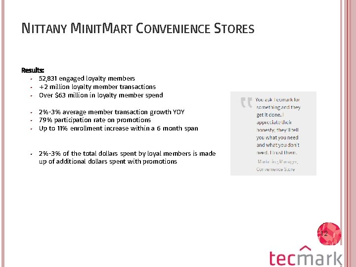 NITTANY MINITMART CONVENIENCE STORES Results: • 52, 831 engaged loyalty members • +2 million