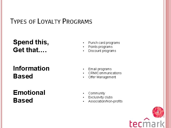 TYPES OF LOYALTY PROGRAMS Spend this, Get that…. • • • Punch card programs