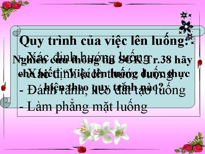 Quy trình của việc lên luống: - Xác cứu địnhthông hướng luống. Tr. 38