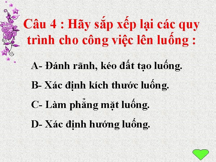 Câu 4 : Hãy sắp xếp lại các quy trình cho công việc lên