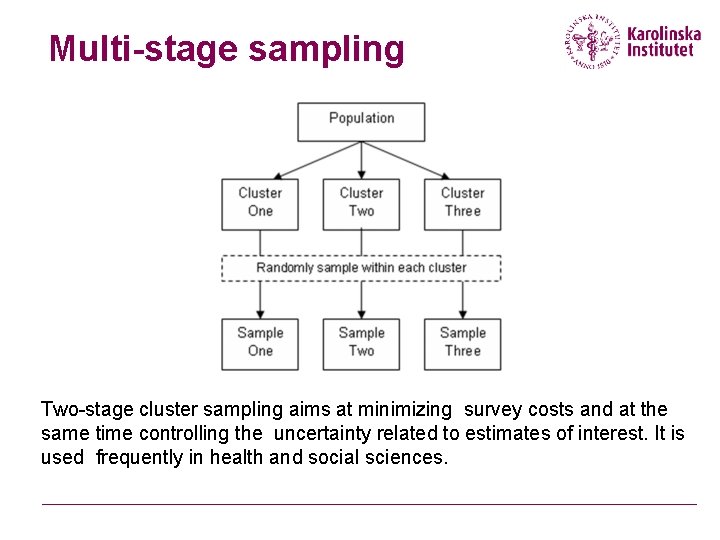 Multi-stage sampling Two-stage cluster sampling aims at minimizing survey costs and at the same