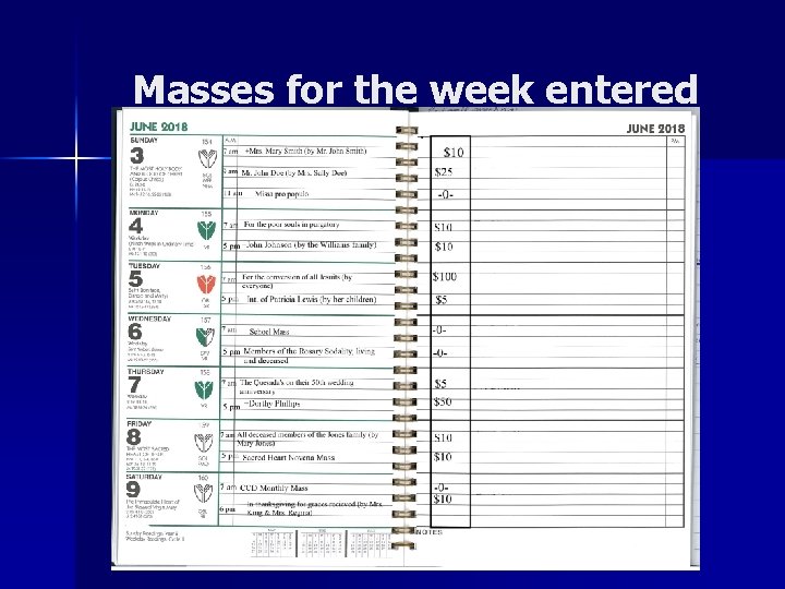 Masses for the week entered 