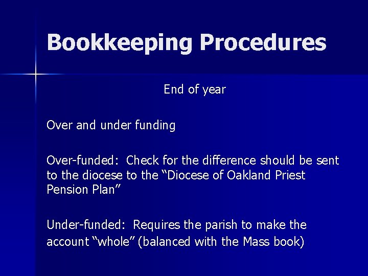 Bookkeeping Procedures End of year Over and under funding Over-funded: Check for the difference