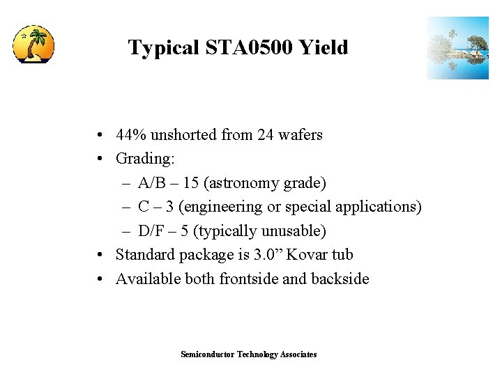 Typical STA 0500 Yield • 44% unshorted from 24 wafers • Grading: – A/B