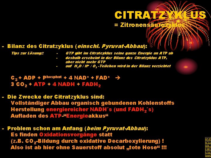 CITRATZYKLUS = Zitronensäurezyklus - Bilanz des Citratzyklus (einschl. Pyruvat-Abbau): Tips zur Lösung: : -