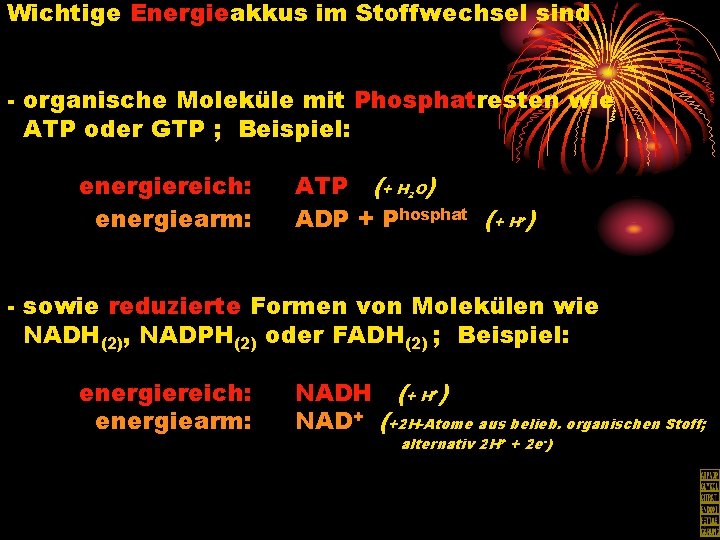 Wichtige Energieakkus im Stoffwechsel sind - organische Moleküle mit Phosphatresten wie ATP oder GTP