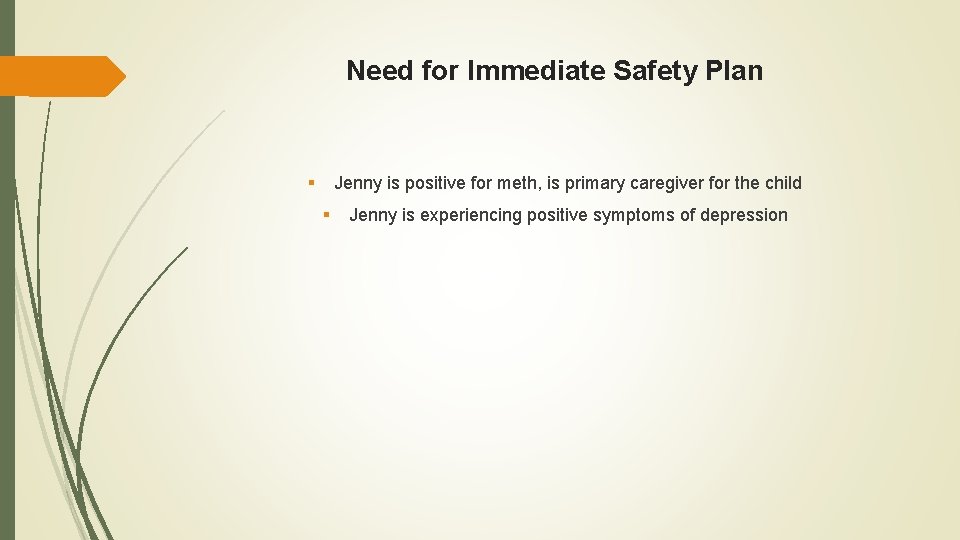 Need for Immediate Safety Plan § Jenny is positive for meth, is primary caregiver