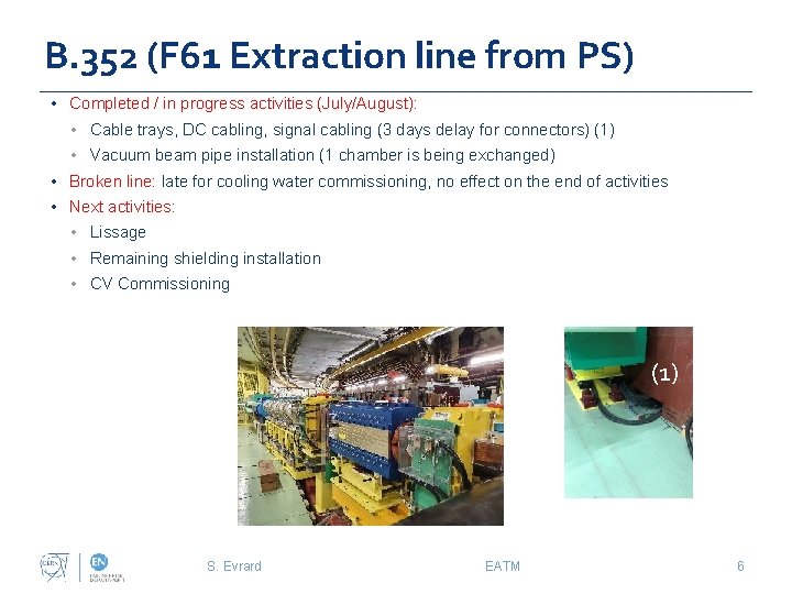 B. 352 (F 61 Extraction line from PS) • Completed / in progress activities