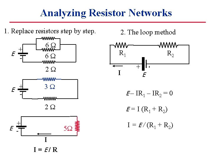 Analyzing Resistor Networks 1. Replace resistors step by step. E + - 6 W