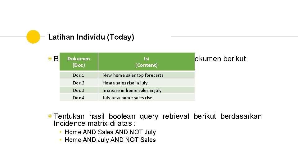 Latihan Individu (Today) Dokumen Isi ◉ Buatlah Incidence matrix untuk dokumen-dokumen berikut : (Doc)