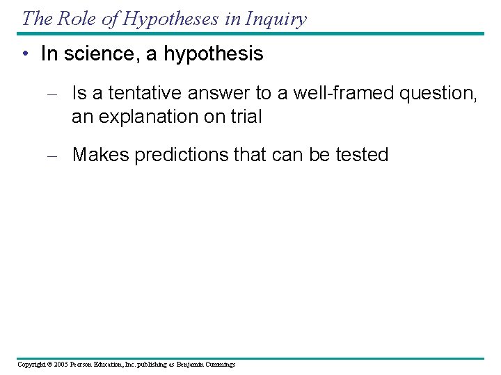 The Role of Hypotheses in Inquiry • In science, a hypothesis – Is a