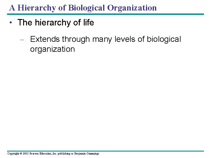 A Hierarchy of Biological Organization • The hierarchy of life – Extends through many