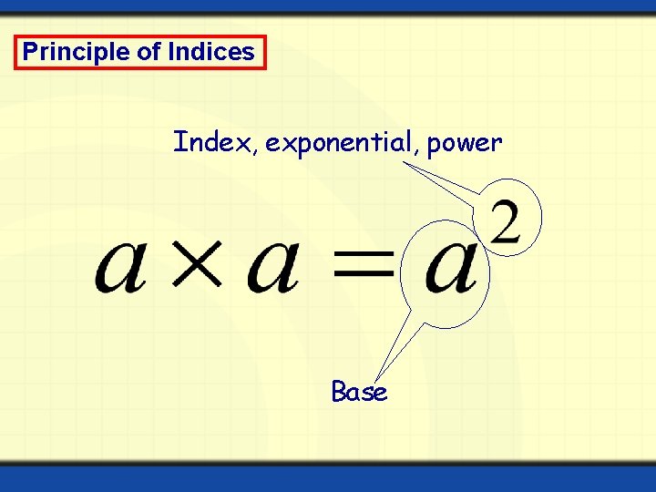 Principle of Indices Index, exponential, power Base 