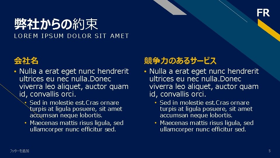 FR 弊社からの約束 LOREM IPSUM DOLOR SIT AMET 会社名 競争力のあるサービス • Nulla a erat eget