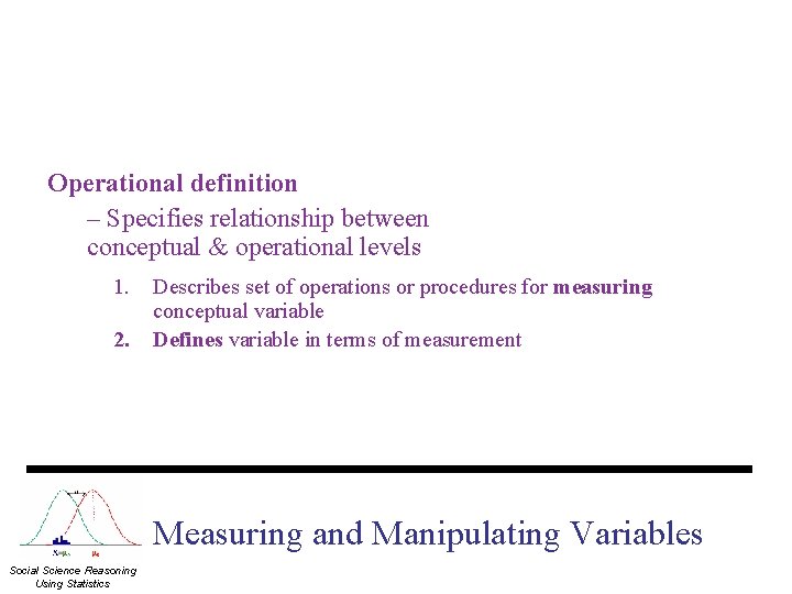 Operational definition – Specifies relationship between conceptual & operational levels 1. 2. Describes set