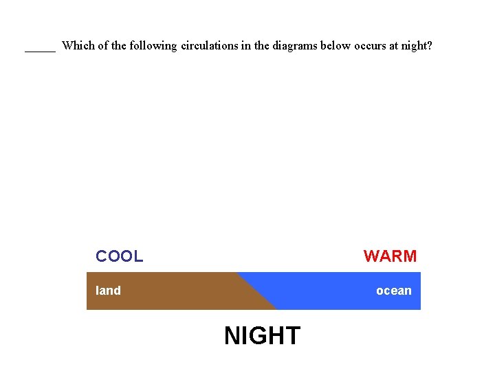 _____ Which of the following circulations in the diagrams below occurs at night? COOL