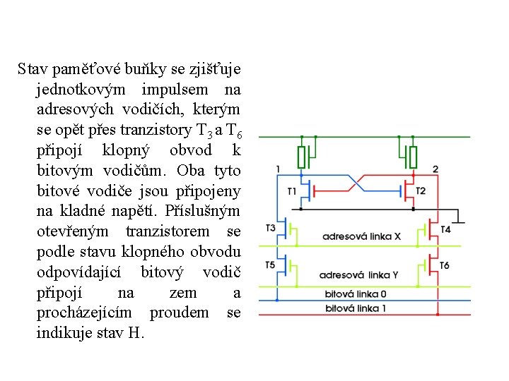 Stav paměťové buňky se zjišťuje jednotkovým impulsem na adresových vodičích, kterým se opět přes