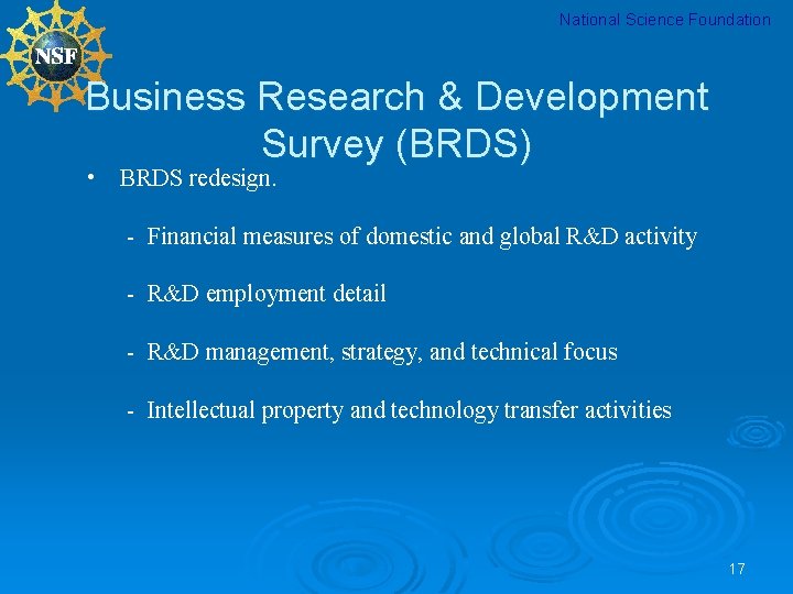 National Science Foundation Business Research & Development Survey (BRDS) • BRDS redesign. - Financial