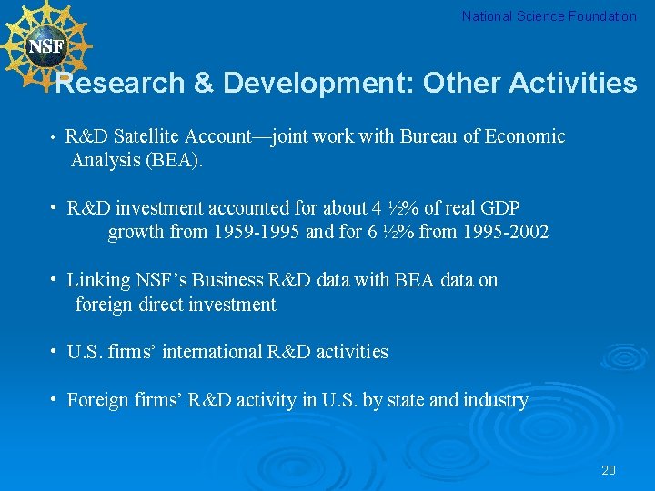 National Science Foundation Research & Development: Other Activities • R&D Satellite Account—joint work with