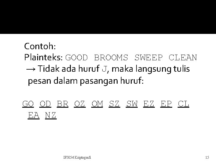 Contoh: Plainteks: GOOD BROOMS SWEEP CLEAN → Tidak ada huruf J, maka langsung tulis