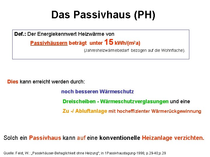 Das Passivhaus (PH) Def. : Der Energiekennwert Heizwärme von Passivhäusern beträgt unter 15 k.