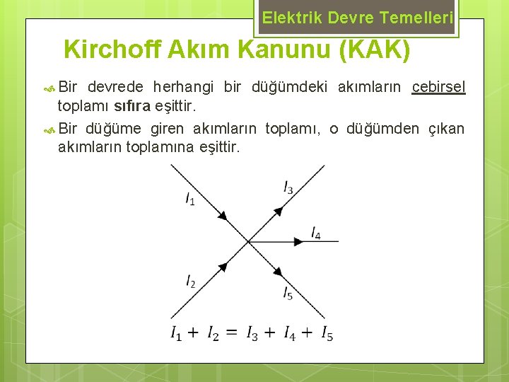 Elektrik Devre Temelleri Kirchoff Akım Kanunu (KAK) Bir devrede herhangi bir düğümdeki akımların cebirsel