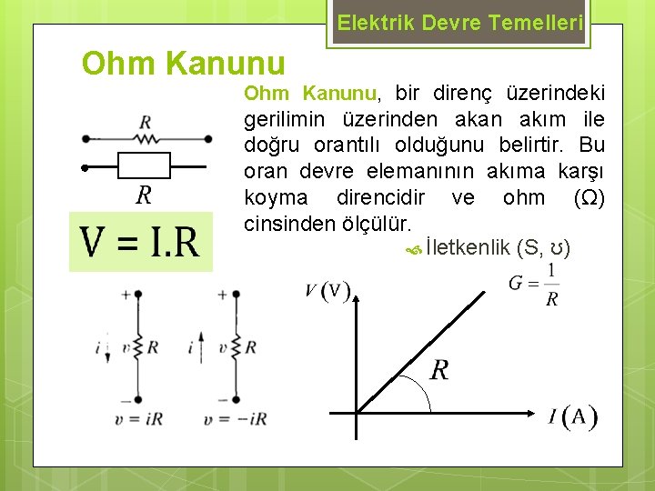 Elektrik Devre Temelleri Ohm Kanunu, bir direnç üzerindeki gerilimin üzerinden akan akım ile doğru