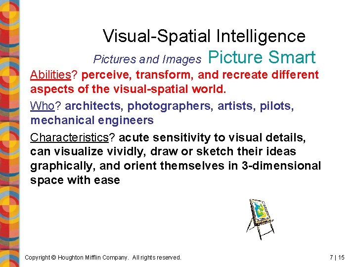Visual-Spatial Intelligence Pictures and Images Picture Smart Abilities? perceive, transform, and recreate different aspects