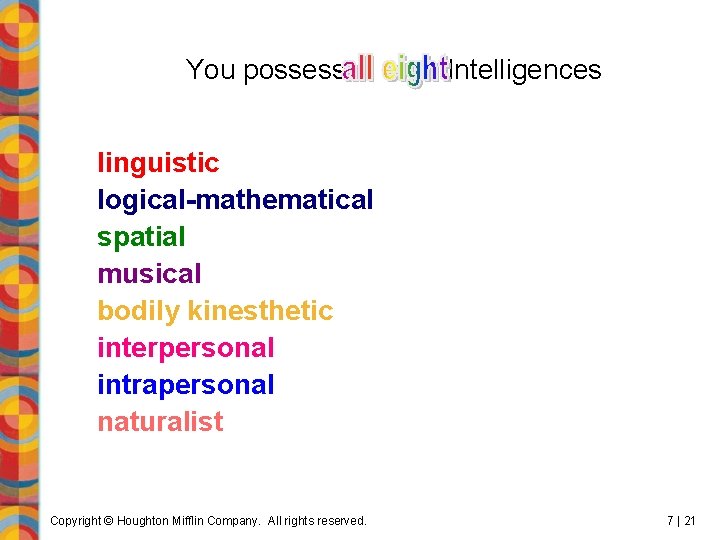 You possess Intelligences linguistic logical-mathematical spatial musical bodily kinesthetic interpersonal intrapersonal naturalist Copyright ©