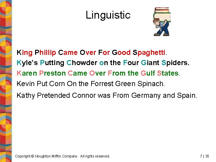 Linguistic King Phillip Came Over For Good Spaghetti. Kyle’s Putting Chowder on the Four