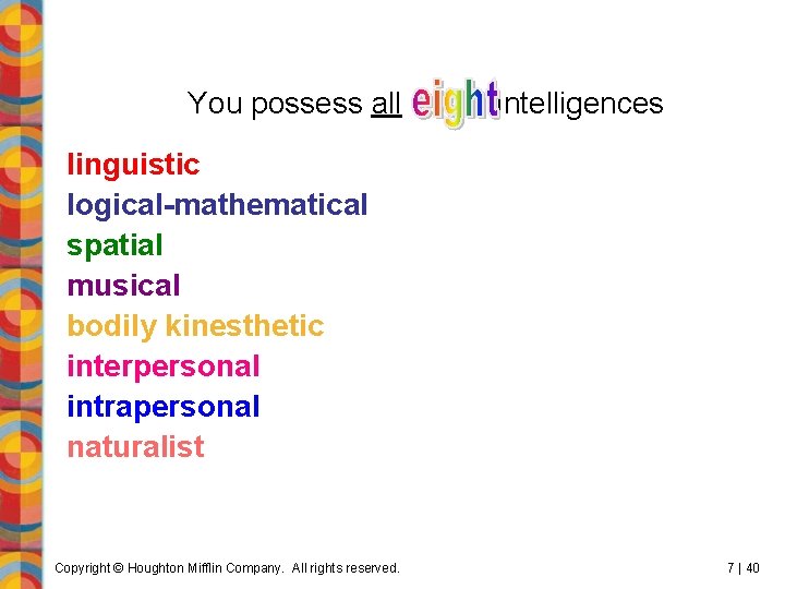 You possess all Intelligences linguistic logical-mathematical spatial musical bodily kinesthetic interpersonal intrapersonal naturalist Copyright