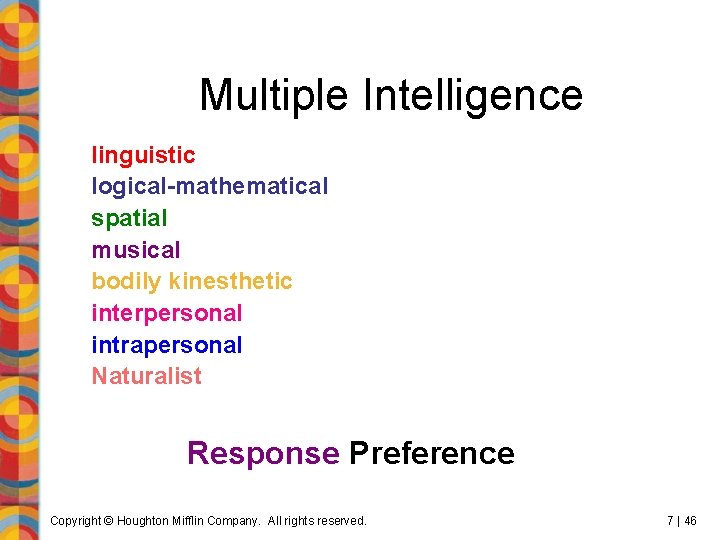 Multiple Intelligence linguistic logical-mathematical spatial musical bodily kinesthetic interpersonal intrapersonal Naturalist Response Preference Copyright